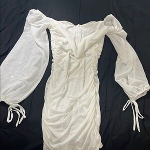 Cream Off-Shoulder Bishop Sleeve Bodycon Dress